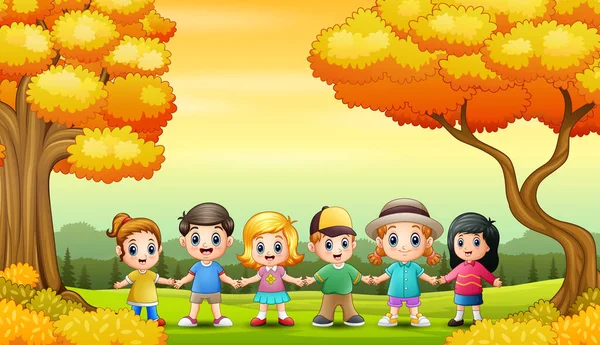 Group Children Autumn Background — Stock Vector