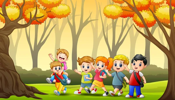 Niños Alegres Fondo Del Bosque Otoño — Vector de stock