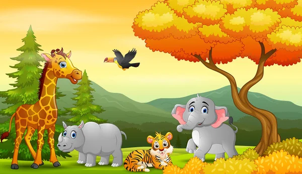 Illustration Many Animals Autumn Landscape — Stockvector