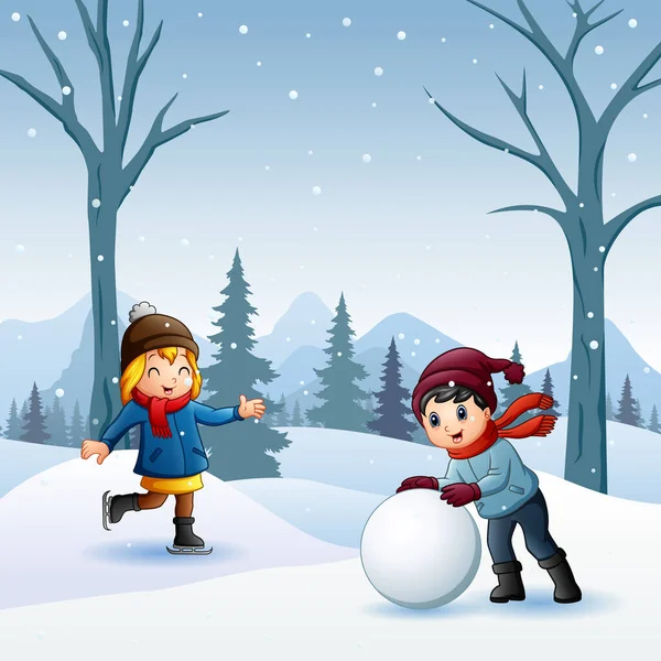 Boy and girl playing snowball fight outdoors — Stock Illustration Boy Girl Playing Snowball Fight Outdoors Vector Graphics