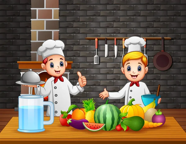 Happy Two Chefs Cooking Kitchen — Stock Vector