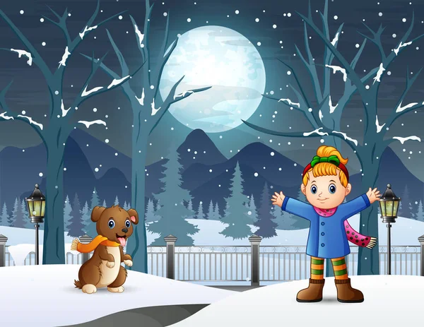 Happy Little Girl Playing Her Pet Winter Night — Stock Vector