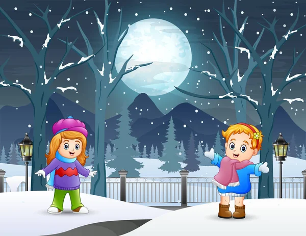Две Маленькие Девочки Играют Улице Зимнюю Ночь — стоковый вектор