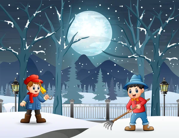 卡通男孩在路上除雪 — 图库矢量图片