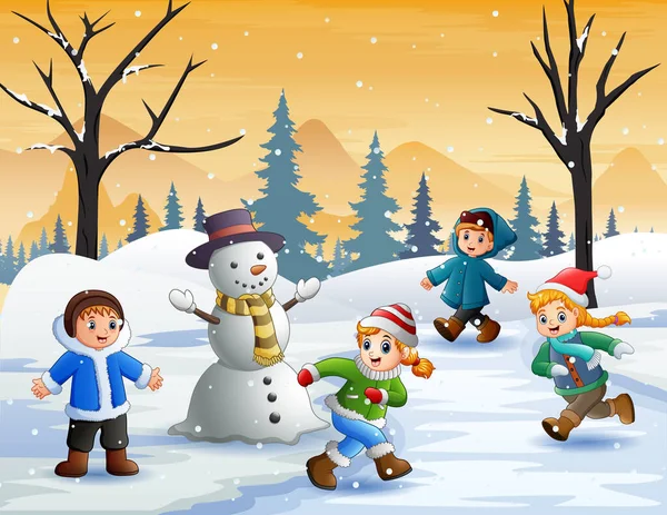 Happy Kids Playing Outdoors Winter — Stock Vector
