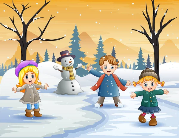 Glückliche Kinder Die Winter Draußen Spielen — Stockvektor