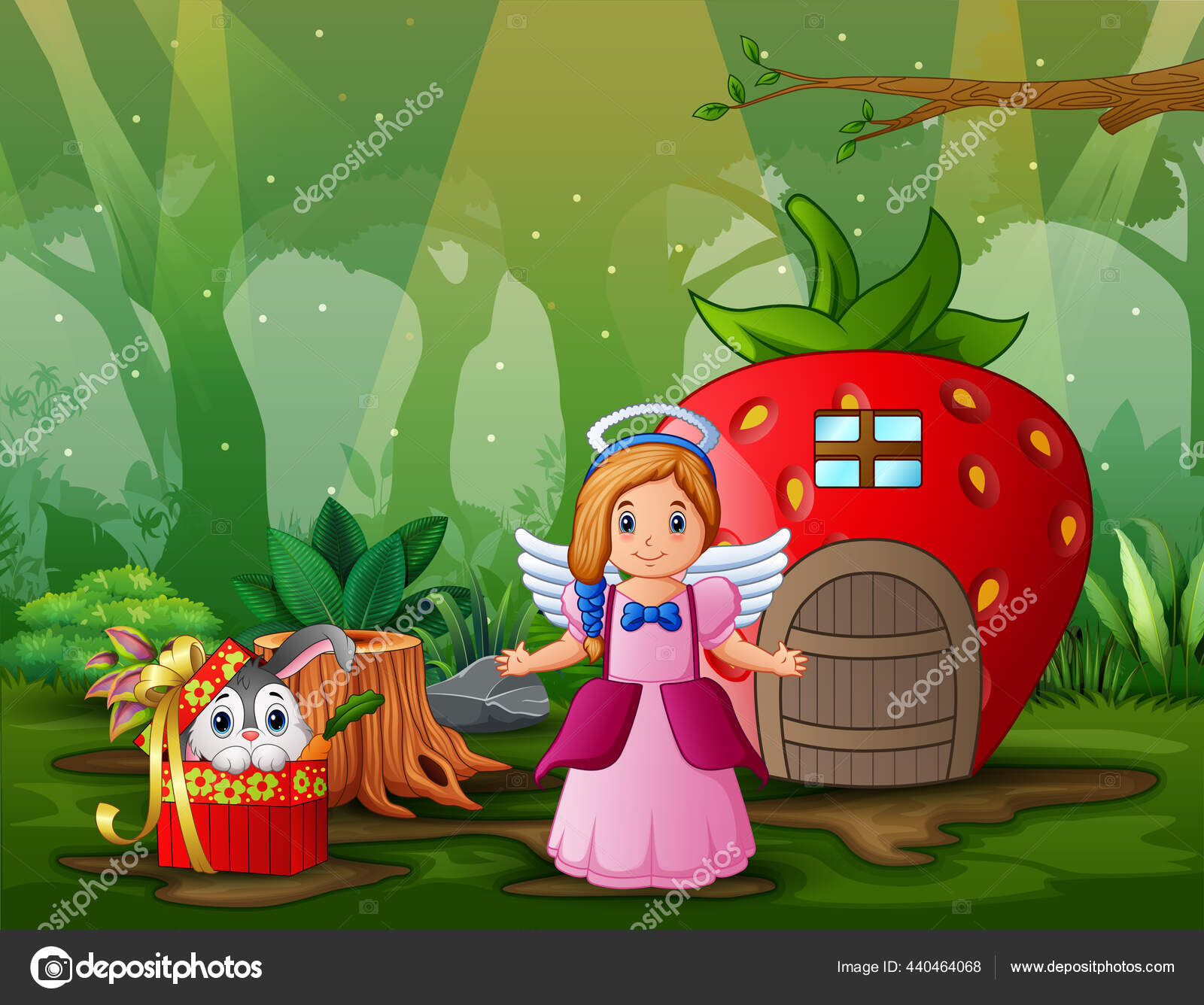 Gadis Kartun Malaikat Dan Hadiah Kelinci Dalam Ilustrasi Rumah Fantasi Stok Vektor Dualoro 440464068