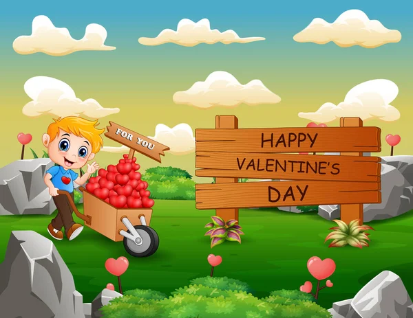 Szczęśliwych Walentynek Drewniany Znak Chłopcem Pchając Wózek — Wektor stockowy