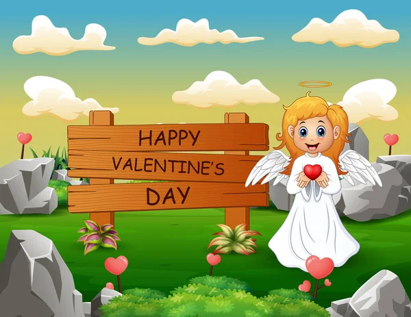 Happy Valentines Day Sign Angel Girl Nature — Stock Vector