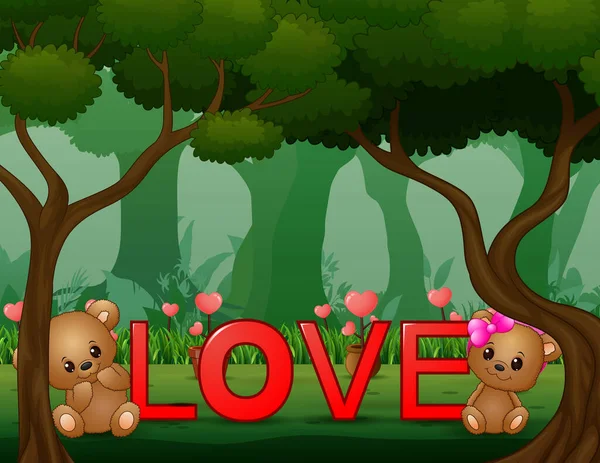 Par Urso Pequeno Palavra Vermelha Amor Floresta —  Vetores de Stock