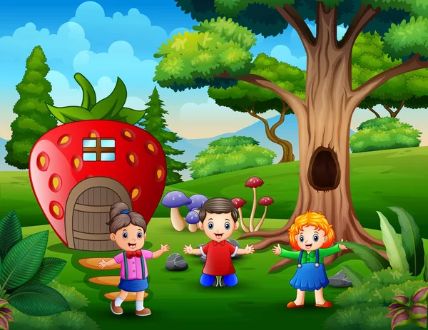 Fröhliche Kinder Spielen Fantasie Erdbeerhaus — Stockvektor