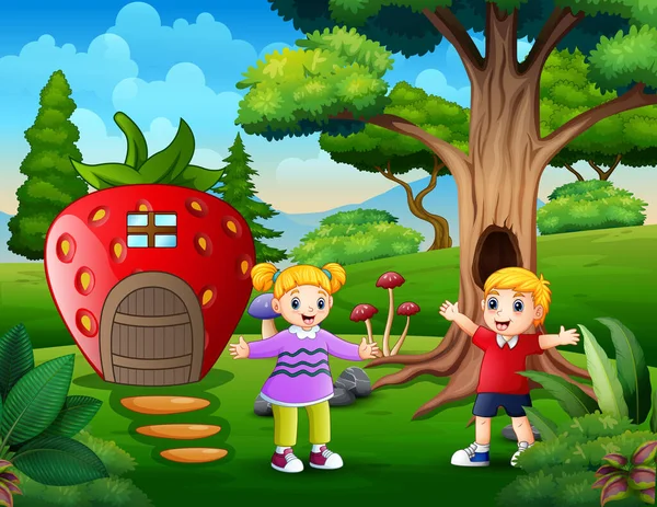 Fröhliche Kinder Spielen Fantasie Erdbeerhaus — Stockvektor