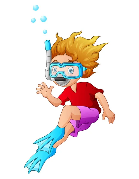 Dibujos Animados Niño Con Equipo Snorkel Sobre Fondo Blanco — Vector de stock