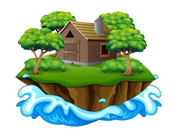 Illustration Une Île Avec Une Maison Bois Une Grange — Image vectorielle