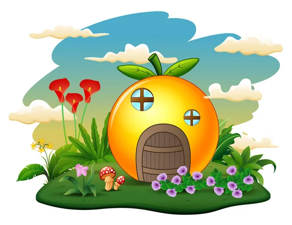 Illustration Une Maison Orange Sur Île — Image vectorielle