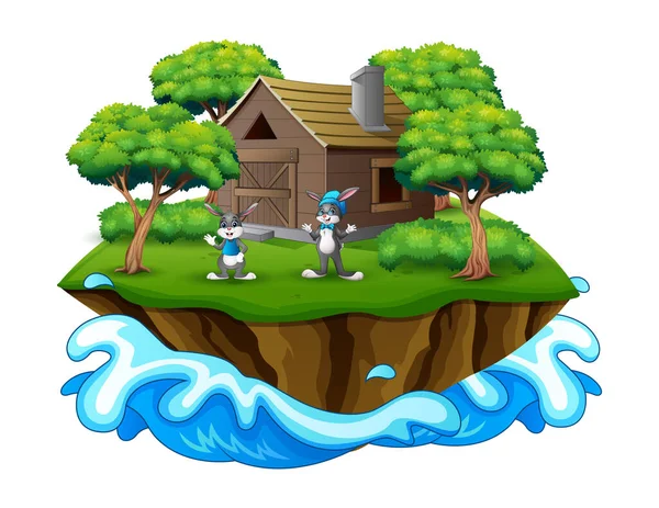 Mignon Deux Lapins Sur Île Illustration — Image vectorielle