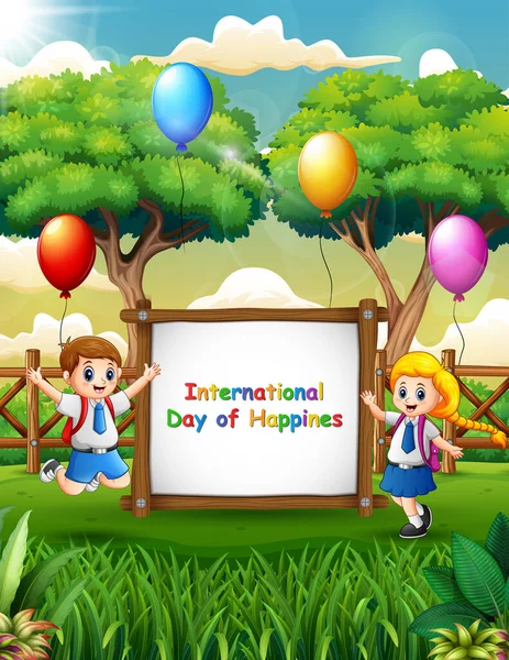 Journée Internationale Bonheur Signe Avec Des Écoliers Heureux — Image vectorielle