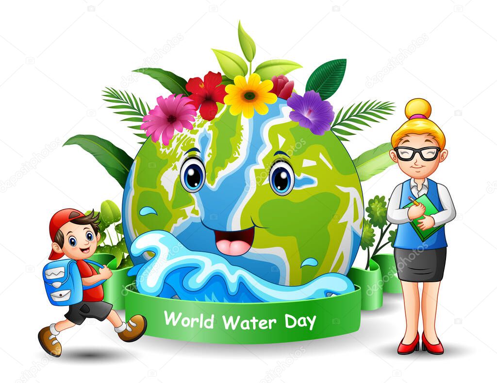 World water day design with a teacher and student