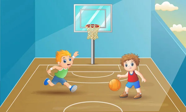 Kinder Spielen Basketball Auf Dem Platz Illustration — Stockvektor