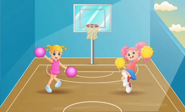 Cheerleader Tanzen Auf Basketballfeld — Stockvektor