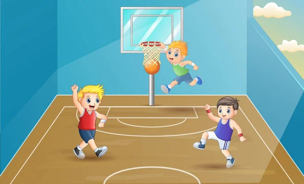 Glückliche Kinder Beim Basketball Der Sporthalle — Stockvektor