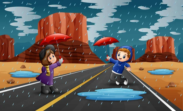 niño feliz de dibujos animados sosteniendo un paraguas 7153000 Vector en  Vecteezy