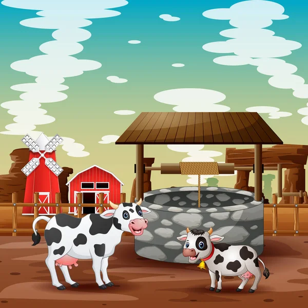 Caricatura Vaca Ternera Con Fondo Granja — Vector de stock