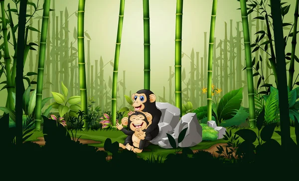 Cartone Animato Uno Scimpanzé Con Suo Cucciolo Nella Foresta Bambù — Vettoriale Stock