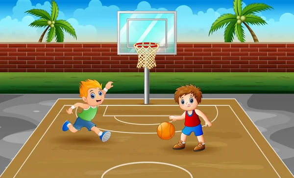 Mahkeme Illüstrasyonunda Basketbol Oynayan Çocuklar — Stok Vektör