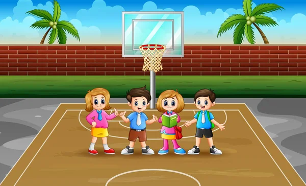 Niños Escuela Feliz Cancha Baloncesto — Vector de stock