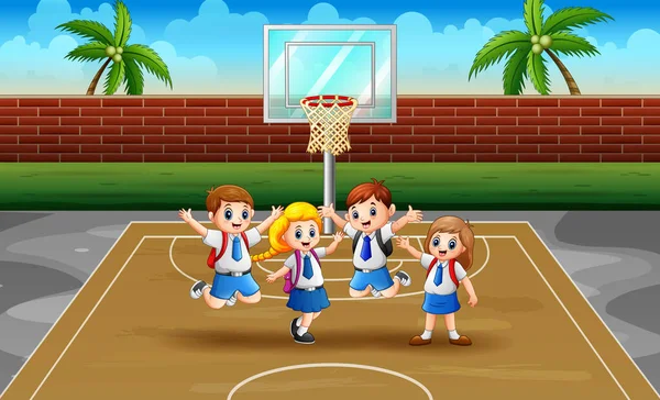 Alegre Escuela Niños Saltando Cancha Baloncesto — Vector de stock