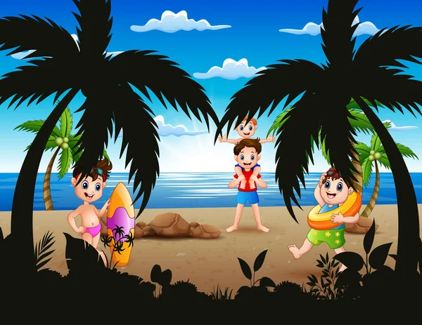 Сцена Хлопчиками Які Грають Пляжі Ілюстрація — стоковий вектор