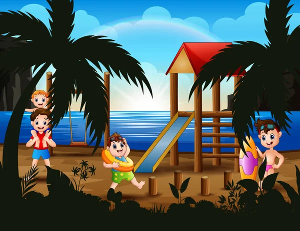 Felices Vacaciones Chicos Playa Ilustración — Vector de stock