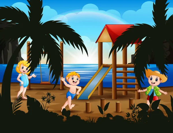 Bambini Felici Che Giocano Nel Parco Giochi Vicino Alla Spiaggia — Vettoriale Stock