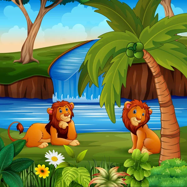 Szene Mit Zwei Löwen Die Fluss Sitzen — Stockvektor