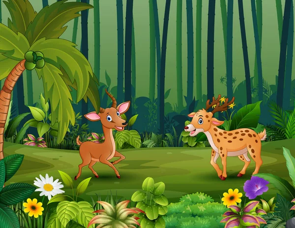 Glückliche Hirsche Spielen Dschungel — Stockvektor