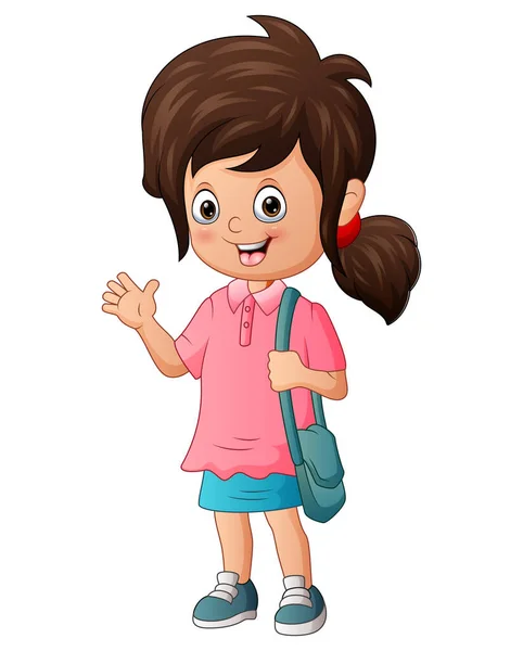 Cute Little Girl Holding Bag Waving — Stock Vector