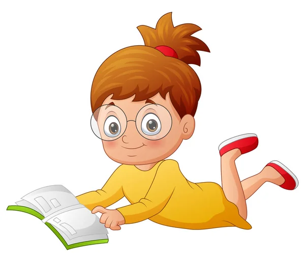 Cartoon Girl Student Laying Reading Book — Stock Vector
