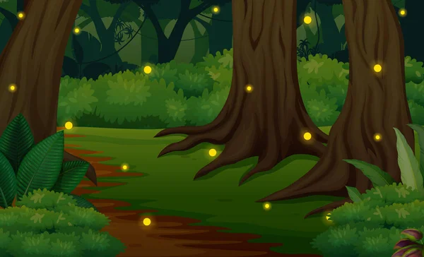 Lesní Scéna Noci Ilustrací Světlušek — Stockový vektor