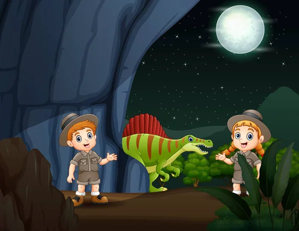 Les Enfants Safari Dans Illustration Grotte — Image vectorielle