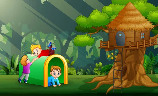Copii Fericiți Jucându Parc Ilustrație — Vector de stoc