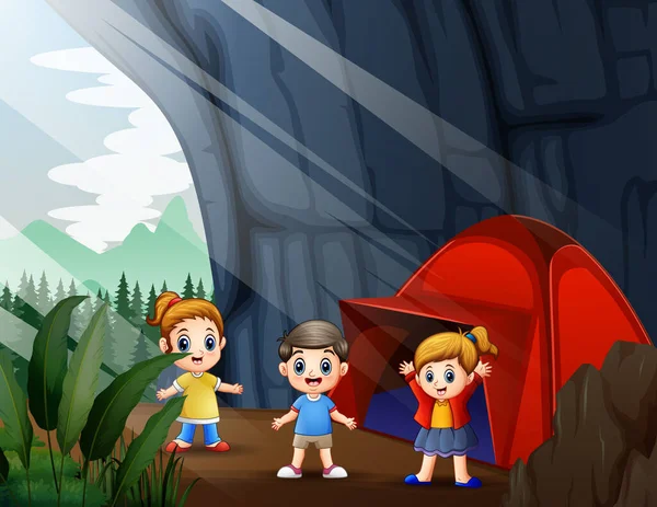 Счастливые Дети Отдыхающие Пещере — стоковый вектор