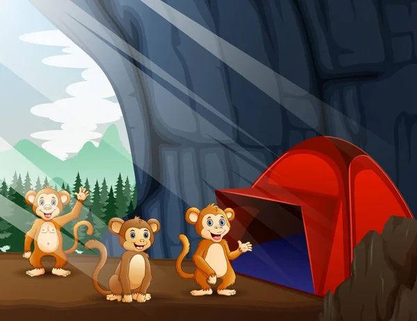 Scène Avec Tente Camping Trois Singes — Image vectorielle