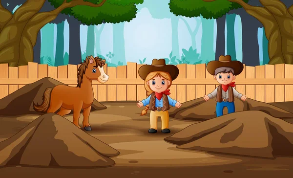 Cowboy Dos Desenhos Animados Vaqueira Fazenda Com Cavalo —  Vetores de Stock
