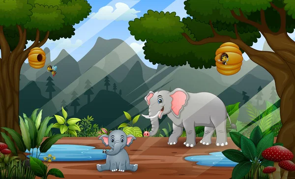 Elefante Madre Feliz Con Cachorro Selva Ilustración — Archivo Imágenes Vectoriales