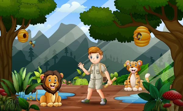 Scéna Safari Chlapcem Divokými Zvířaty Džungli — Stockový vektor