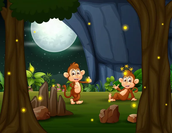 Monos Felices Disfrutando Naturaleza Por Noche Con Luciérnagas — Archivo Imágenes Vectoriales