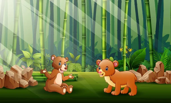 Dibujos Animados Dos Osos Fondo Del Bosque Bambú — Vector de stock