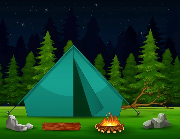 Una Tienda Verde Con Hoguera Paisaje Nocturno Del Bosque — Vector de stock