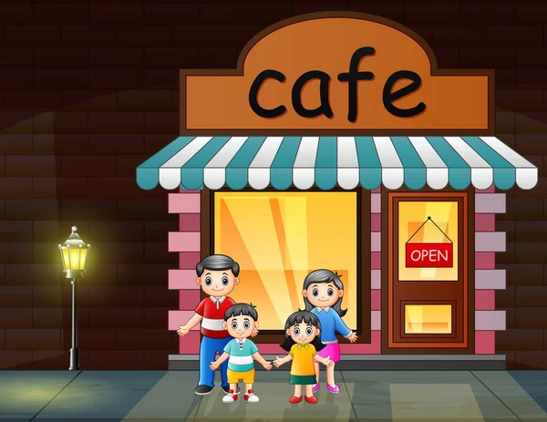 Cartoon Glückliche Familie Vor Dem Café — Stockvektor